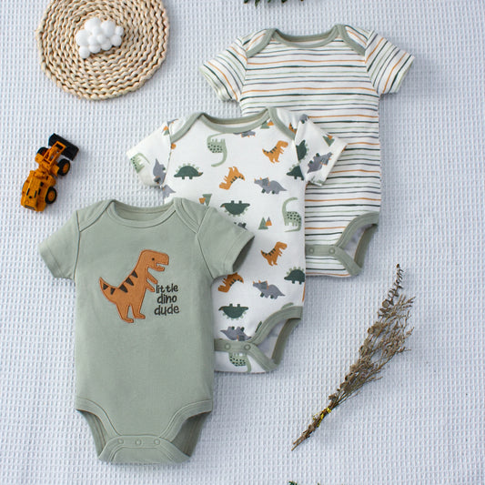 3-teiliges Sommer-Baby-Body, dreiteiliges Set mit Cartoon-Dinosaurier-Muster und Streifenmuster, Knopf-Design für Jungen im Alter von 0–9 Monaten.