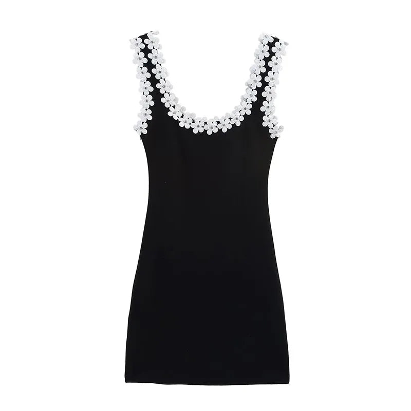 TRAFZA Weibliches Sommer-Sexy-dünnes Kleid, 2-farbig, fester quadratischer Kragen, ärmellos, rückenfrei, Blumendekoration, Damenmode-Kleider