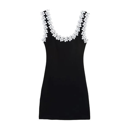 TRAFZA Weibliches Sommer-Sexy-dünnes Kleid, 2-farbig, fester quadratischer Kragen, ärmellos, rückenfrei, Blumendekoration, Damenmode-Kleider