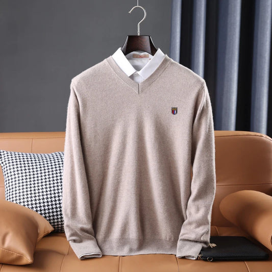 Soft Warm Pullover Cashmere Sweater Men's V Neck Thickened Classic Tops Autumn Winter New  Casual Solid Color Knitted Pullover.