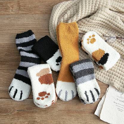 Women Winter Warm Fluffy Socks Cute Animal Claw Cat Paw Footprint Fuzzy Socks Female Thick Coral Fleece Home Floor Sleep Socks.