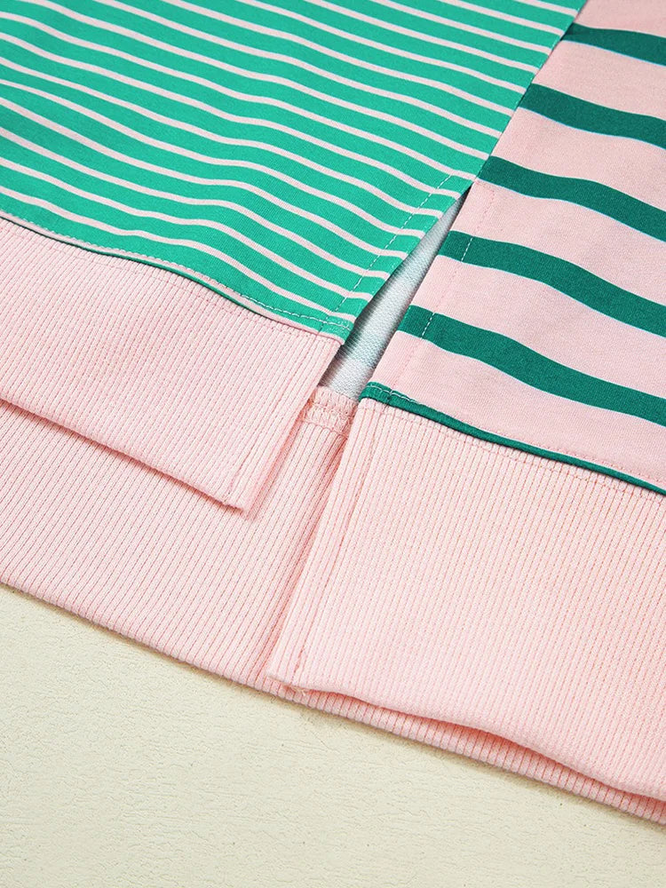 GIBSIE Plus Größe Gestreiften Oansatz Langarm Schlitz Sweatshirt Frauen 2025, Herbst Mode Lose Passenden Casual Pullover Jumper Top.