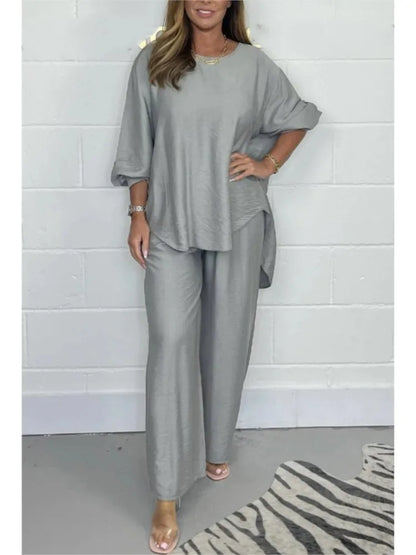 Women's Suit Casual Loose Solid Color Satin 2-piece Set Spring Fall New Blouse Top + Pants Sets Daily Wear Elegant Outfit Female.