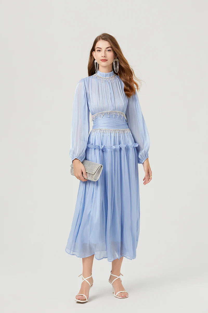 Französisch Luxus Kristall Perlen Quaste Glanz Roben Urlaub Frauen stehen Laterne Ärmel Rüschen plissiert formale Gelegenheit Ballkleid 622.