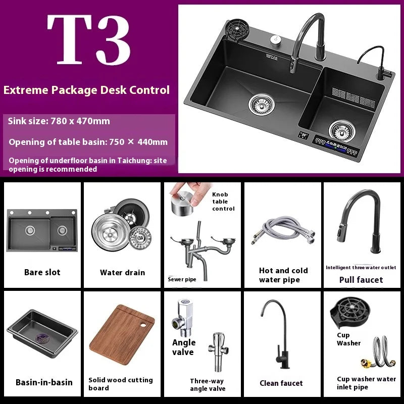 Water Catalyst Stainless Steel Kitchen Sink Multifunctional Smart Double slot Cleaning Ingredients Dishes Kitchen Sink