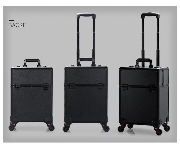 TravelRolling Makeup Train Case Large Capacity Cosmetic Trolley, Aluminum Professional Travel Case with Key