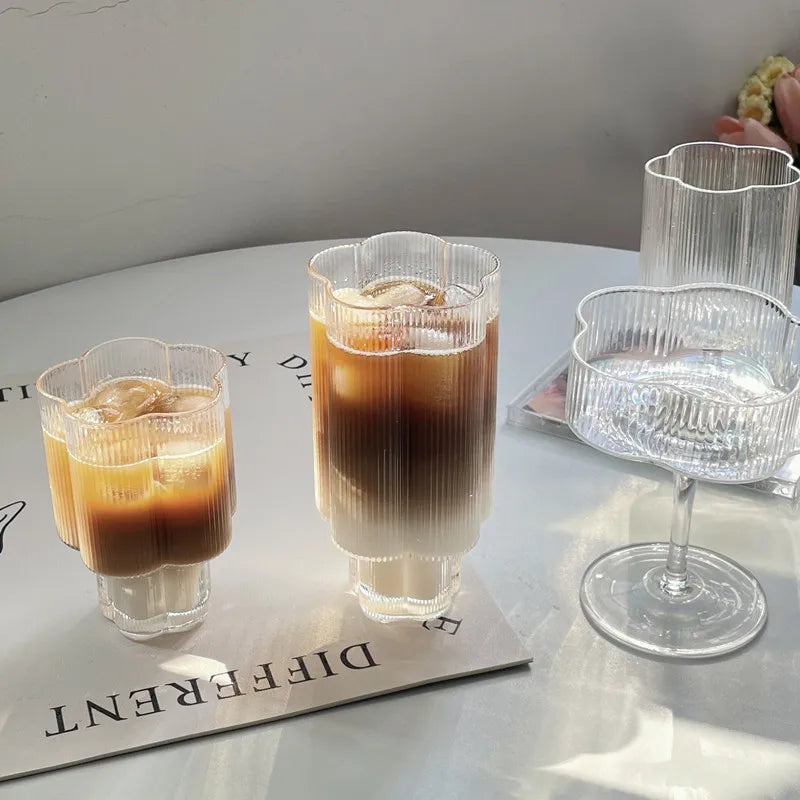 Clear Ice Cream Glass Whiskey Red Wine Glass Cup Flower Stripe Glass Mug Vintage Iced American Coffee Mug Home Stacked Cup.