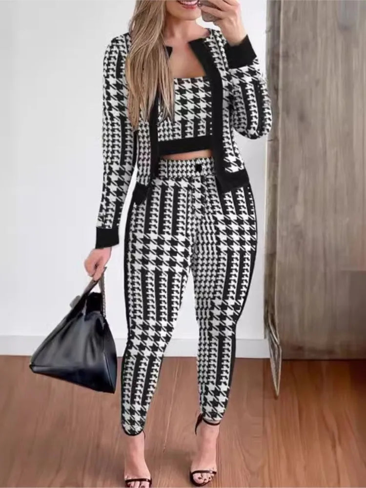 Trend Print Pants Sets Women Fashion Long Sleeve Coat Camisole Slim Trousers Three Piece Set Female Spring Autumn New Streetwear.