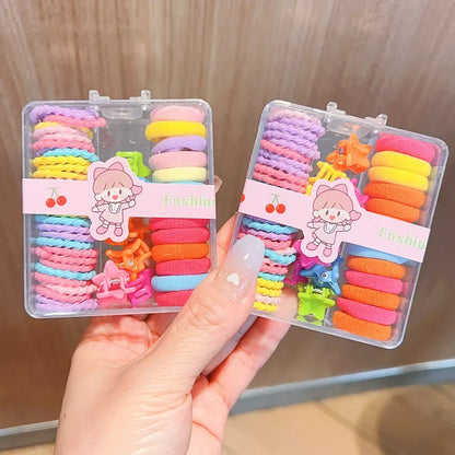 New Cute Box Set Children's New High Elasticity Elastic Band Candy Color Hair Tie Clip Hair Clip Rope Princess Accessories.