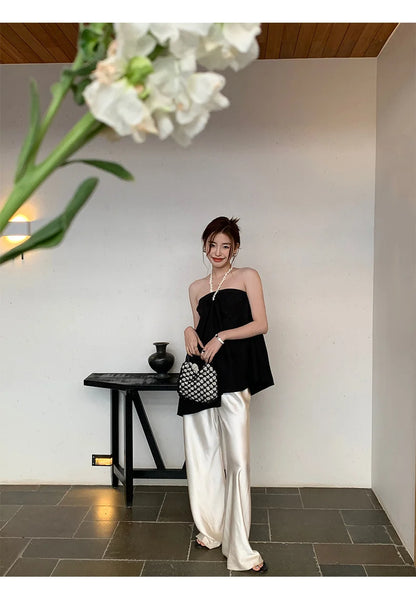 Satin Wide Leg Pants Long Floor Casual Pants Women's Summer.