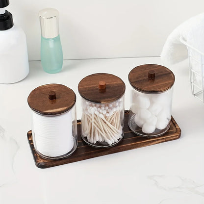 Transparent Acrylic round Wood Lid Cotton Swab Box Plastic Small Organizer Box Makeup Remover Cotton Storage Box Set.