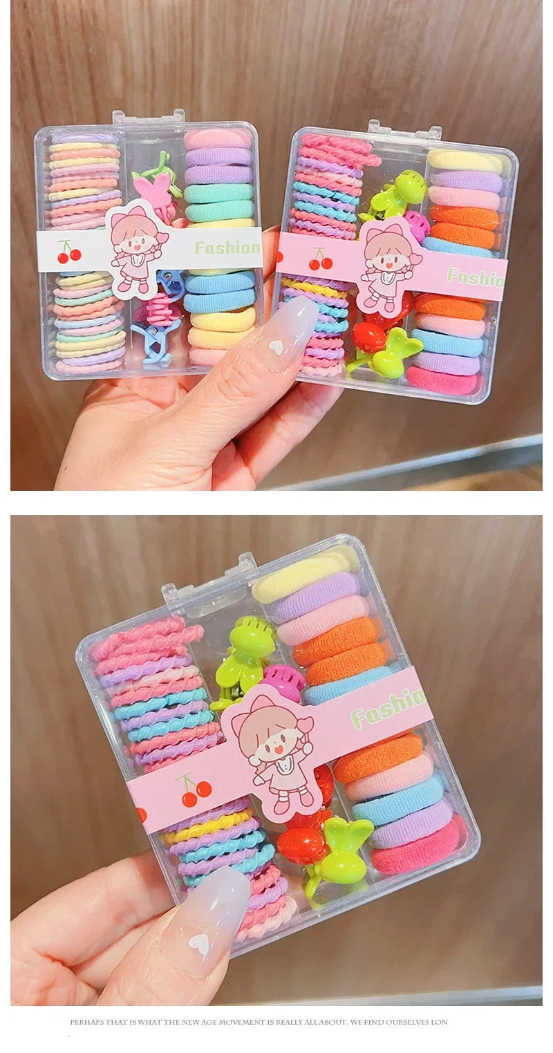 New Cute Box Set Children's New High Elasticity Elastic Band Candy Color Hair Tie Clip Hair Clip Rope Princess Accessories.
