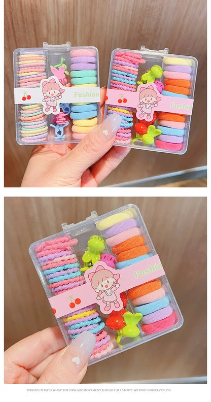 New Cute Box Set Children's New High Elasticity Elastic Band Candy Color Hair Tie Clip Hair Clip Rope Princess Accessories.
