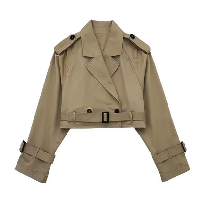 Frauen kurze Blazer Jacken Herbst elegante Vintage einfarbige Langarm Zweireiher Trenchcoat mit Gürtel.