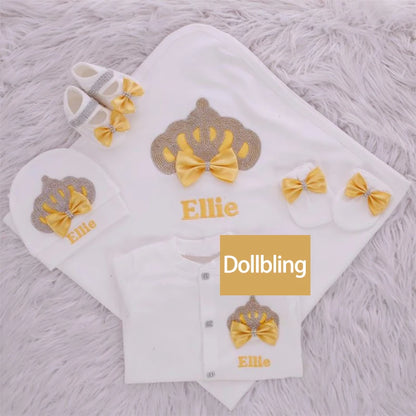 5pcs Handmade DIY Vinyl Name Personalized Baby Girl Newborn Jewels Crown Pink Take Me Home Layette 5 Piece Deluxe Gift Set