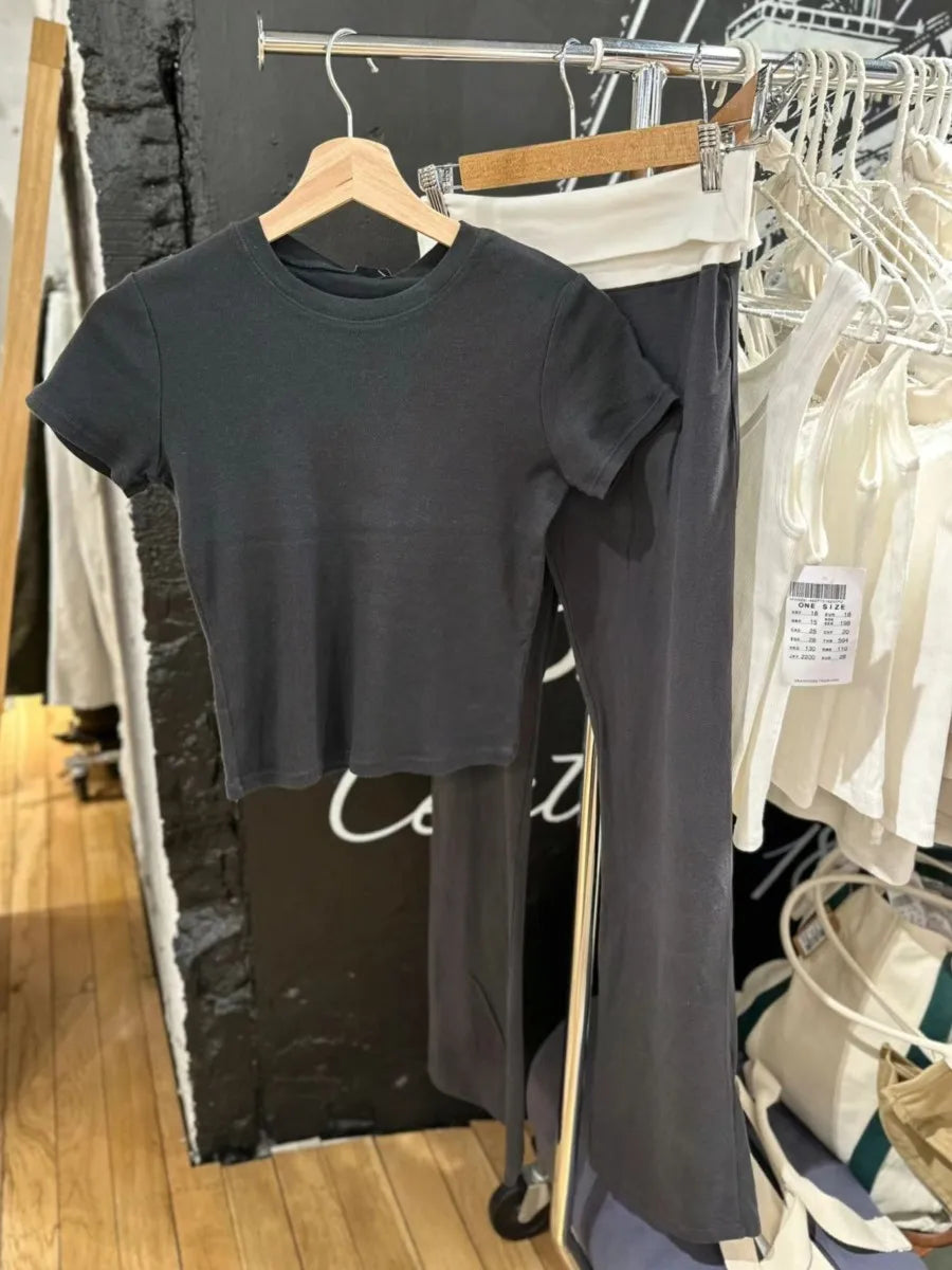 New Basic Black T-shirt Pants Sets Women O-neck Slim Tees+ Patchwork Yoga Sweatpants Solid Vintage Cotton Sport 2 Pieces Sets.