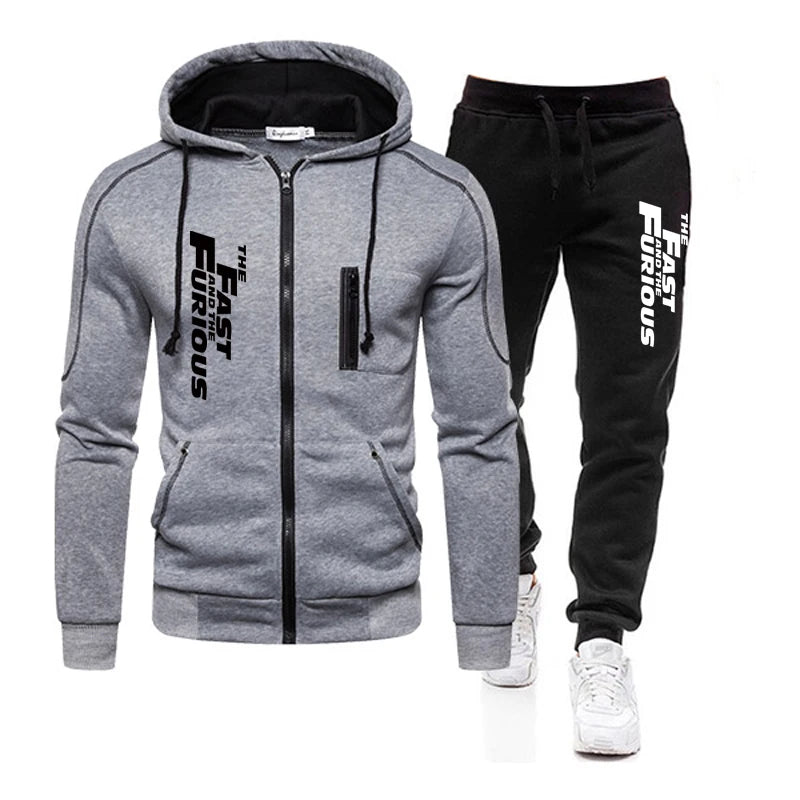 Autumn Winter Popular Mens Tracksuit Zipper Hooded Jacket+Running Pants 2 Piece Set Fast and Furious Print Casual Coat Clothing.