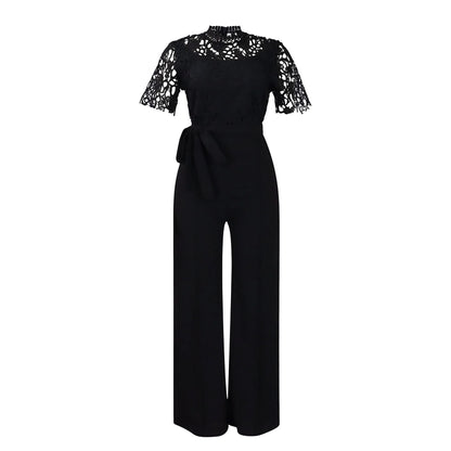 Elegant Jumpsuits & Rompers for Women O Neck Lace Patchwork Short Sleeve Sashes High Waisted Luxury Birthday Party Dinner Outfit