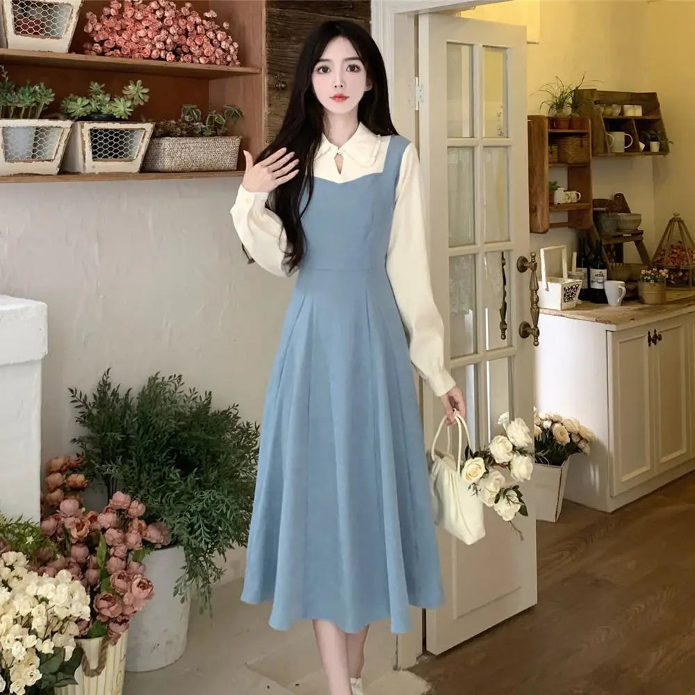 Solide Patchwork Vierkant hals Langarm gefälschte zweiteilige Kleider elegante Mode Harajuku weibliche Kleidung lässig alle Match Rock.