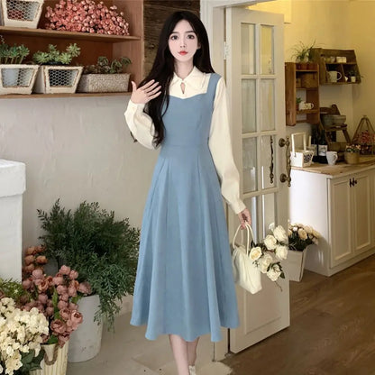 Solide Patchwork Vierkant hals Langarm gefälschte zweiteilige Kleider elegante Mode Harajuku weibliche Kleidung lässig alle Match Rock.