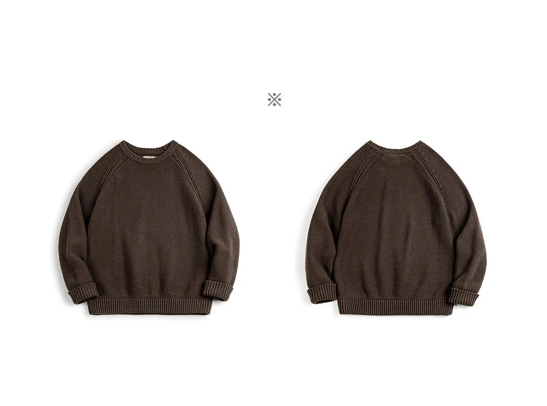 Maden New Vintage Heavyweight Knitted Crew-neck Sweater Brown Warm Pullover Men's Versatile Top for Autumn and Winter Knitwear.