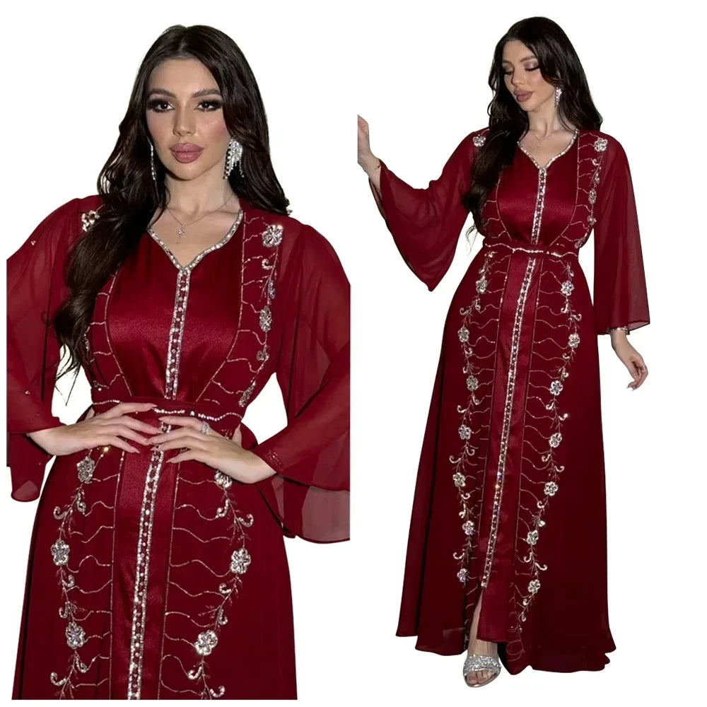 Autumn Fashion Muslim Dresses for Women Muslim Long Sleeve V-neck Party Evening Long Abay Dress Suit Inner and Abaya Outfits.