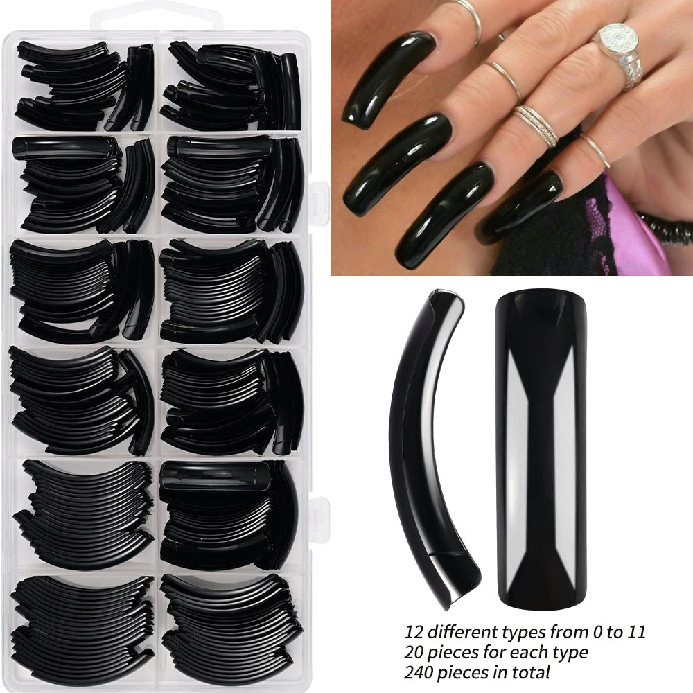 240Pcs/Box Extra Long Bend False Nails 12-Sizes Full Cover Press On Nail Clear/White/Black Building Extension Fake Fingertips *&.