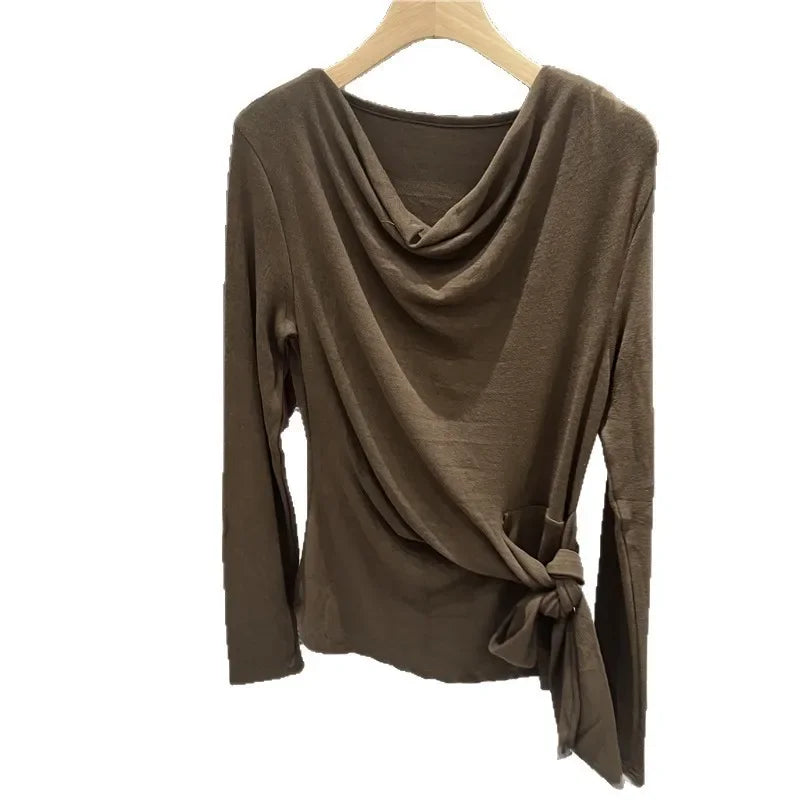 Women's Long Sleeve Striped T-Shirt Shoulder Baring Side Tie Base Shirt Versatile Autumn Fashion Design Cotton Top.