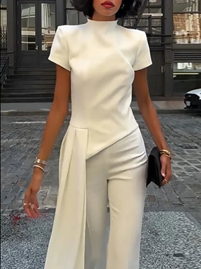 Simple Solid High Waist Straight Suit Office Elegant Party Outfit Women's Stand Collar Short Sleeved Top and Pants Two Piece Set.