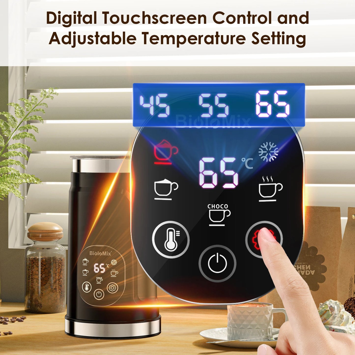BioloMix 5-in-1 Milk Frother with Upgraded LED Display Touch Screen - Hot And Cold Foam Maker Milk Warmer for Coffee Latte.