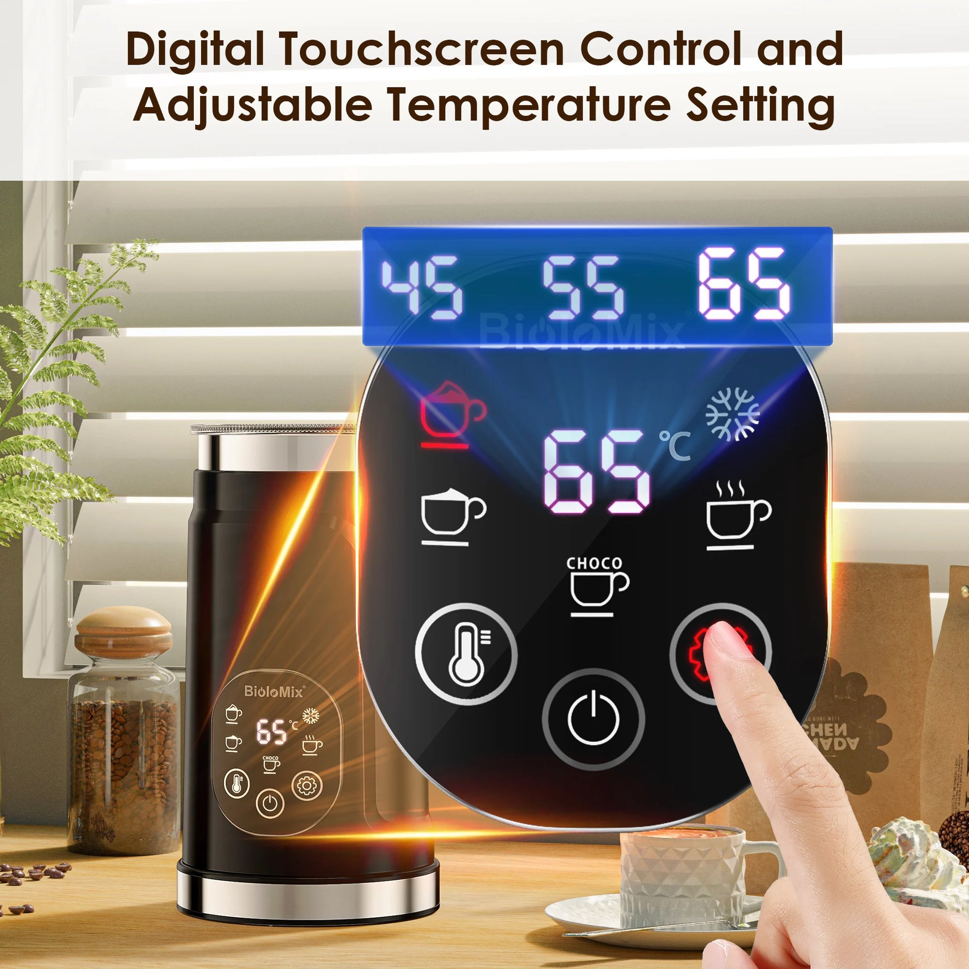 BioloMix 5-in-1 Milk Frother with Upgraded LED Display Touch Screen - Hot And Cold Foam Maker Milk Warmer for Coffee Latte.