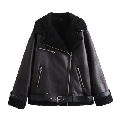 2023 Autumn/Winter New Women's Wear New Fashion Casual Loose Versatile Leather and Fur One Piece Jacket Coat.