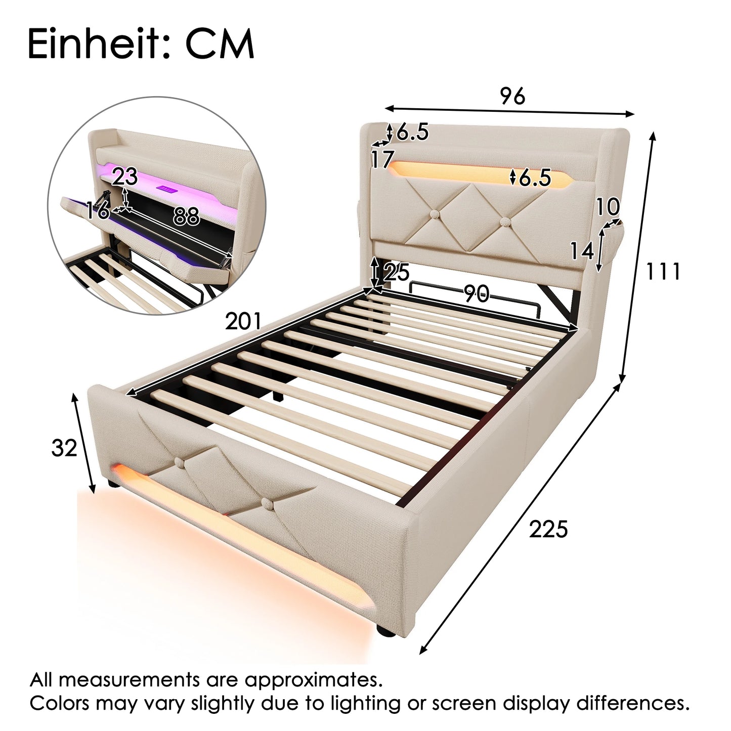 KOMHTOM Doppelbett Leinen, mit USB und Typ C-Port, 360-Surround-LED-Funktion, Hydraulischer Stauraum, ohne Matratze