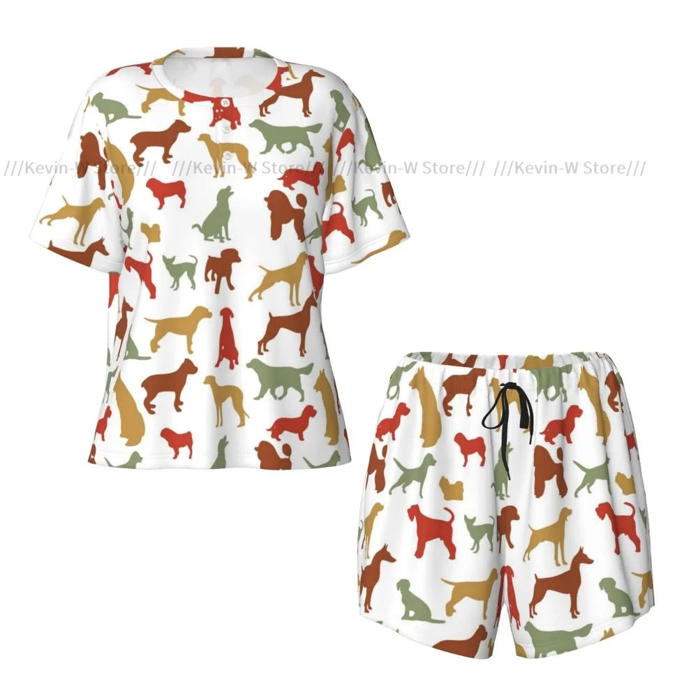 Zweiteiliges Damen-Pyjama-Set mit Rundhalsausschnitt und kurzen Ärmeln. Dog Breed, lässiges Pyjama-Set für zu Hause.