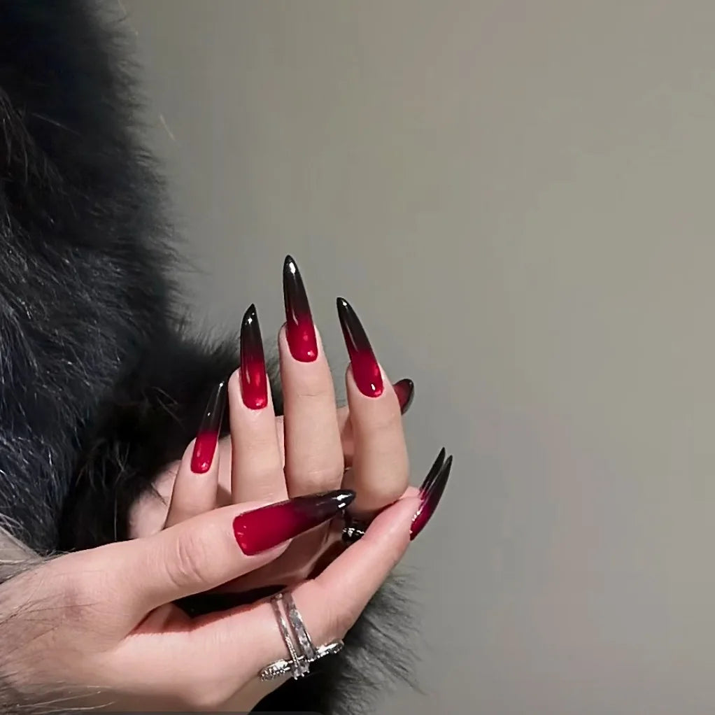 24pcs Blood Red Fake Nails Gradient Long Pointed False Nail Patch Full Cover Wearable Fake Nail Tips Halloween Manicure Sets.