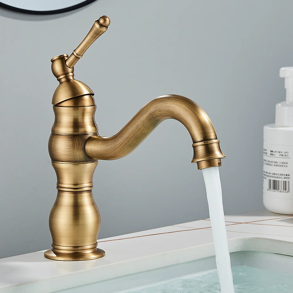 Antique Brass Basin Vessel Sink Faucet Deck Mounted One Hole Cold Hot Water Cold Hot Mixer Tap Bathroom Faucet
