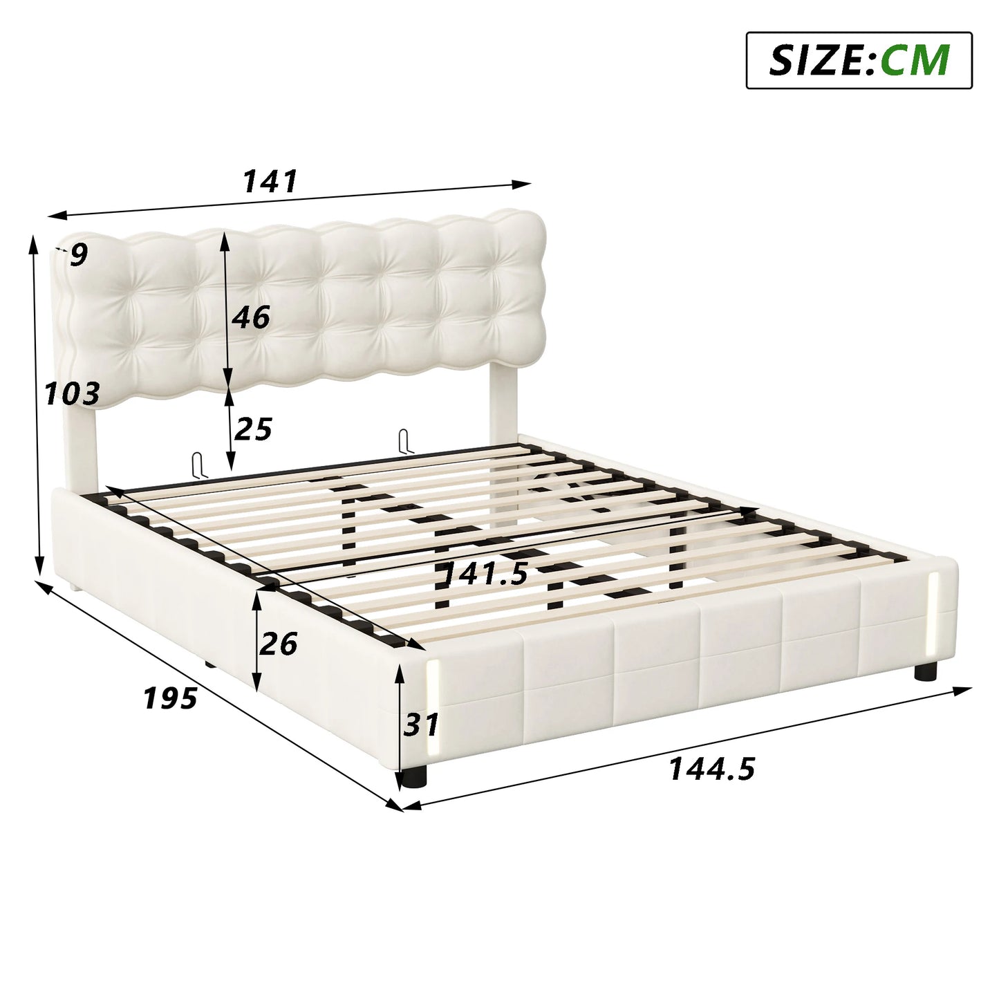 Rosahqnda Kissen Bett Kissen Bett mit Stimmungslicht, gepolstertes Bettgestell in Samtbeige, Kinderbett, ohne Matratze