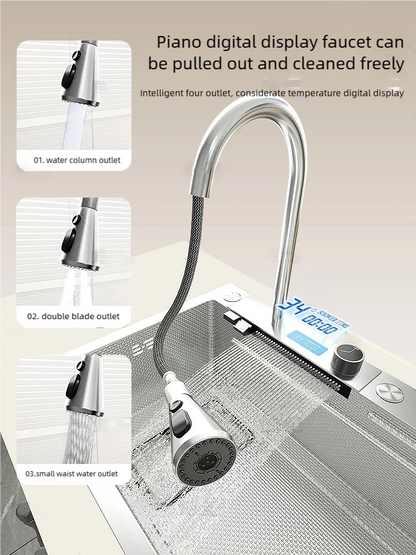 Kitchen Sink Stainless Steel Waterfall Wash Dish Vegetables Basin Multifunctional Smart Digital Display Screen Large Single Slot