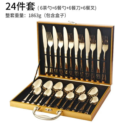 24pcs Golden Tableware Set Light Luxury Stainless Steel Cutlery Fork Knife Spoon Dinnerware Set Minimalist Decor with Gift Box