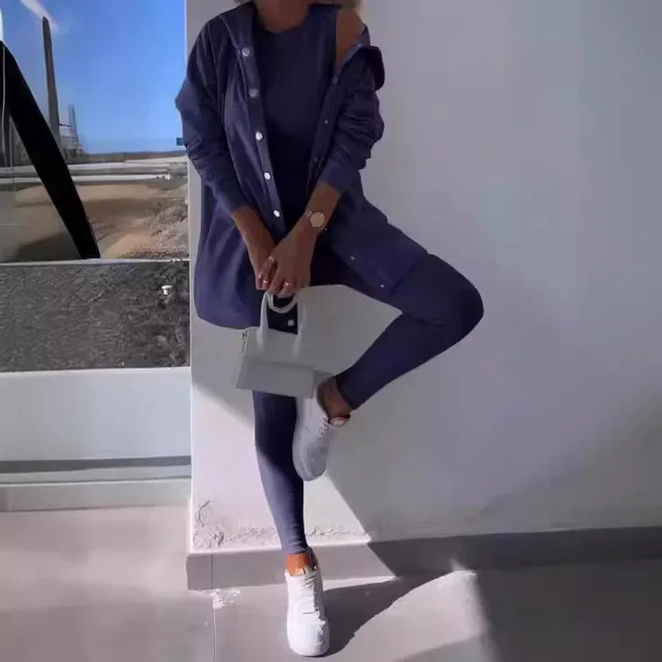 Women 3pcs Clothes Set Solid Color Sports Singel Breasted Shirt Jacket & Sleeveless Cami Tank Top & Slim Skinny Pants.