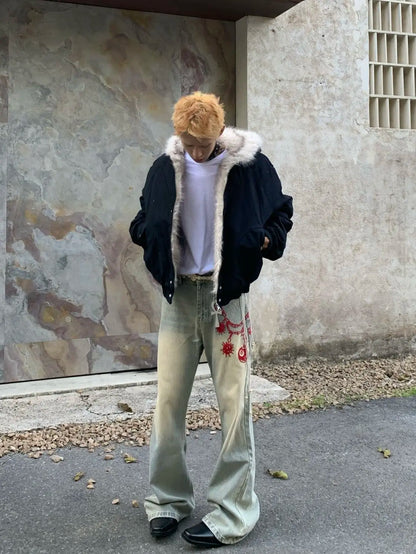 American Retro Woolen Collar Hooded Cotton Jacket Winter Thick Plush Top Men Street Hip-Hop Gothic Harajuku Oversize Jacket Coat.