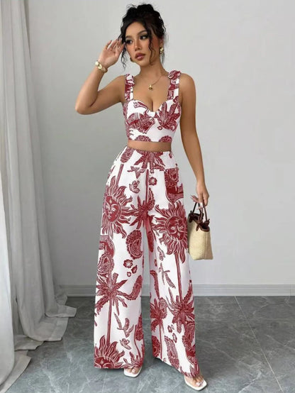 Two Piece Sets Women Pant Print Sling Tops High Waist Wide Leg Pants Drawstring Matching Sets Casual Backless Tops Summer 2025.