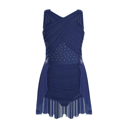 Kinder Mädchen Ärmellose Ausschnitt Strass Eiskunstlauf Trikot Kleid Lyrical Dance Gymnastik Akrobatik Leistung Kostüm