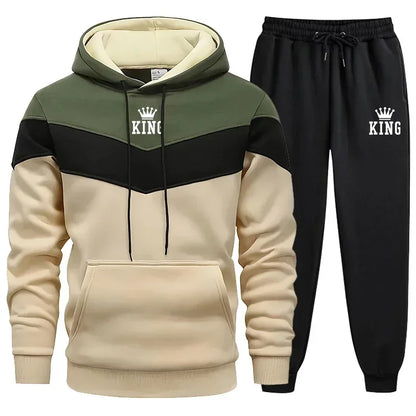 Mens Tracksuit King Printing Sports Suit Sports Hoodie+Pants 2 Piece Suit Casual Sweatshirt Suit Jogging Men's Splicing Clothing.