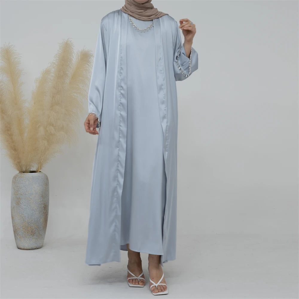 Ramadan Kebaya Chain Satin Kimono 2 Piece Abaya Set Turkey Islam Dress Muslim Sets Abayas For Women Robe Femme Musulmane Kaftan.