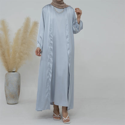 Ramadan Kebaya Chain Satin Kimono 2 Piece Abaya Set Turkey Islam Dress Muslim Sets Abayas For Women Robe Femme Musulmane Kaftan.