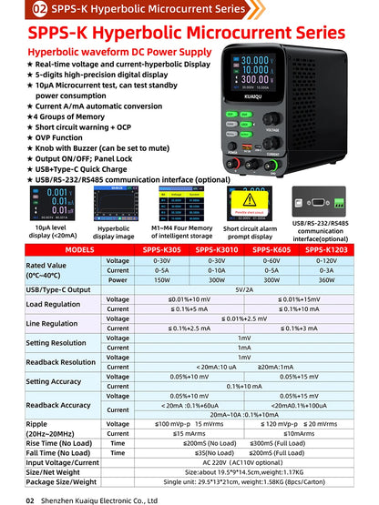 KUAIQU 5 Digits Programmable Adjustable Power Supply 30V 10A,Battery Simulation Tester,Real time Curve Display Voltage Current.