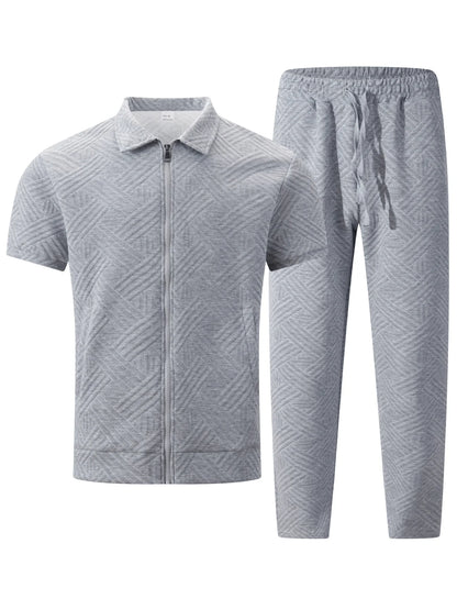 2025 Men's Casual and Fashionable short-sleeved jacket and shirt with solid-colored drawstring trousers two-piece set.