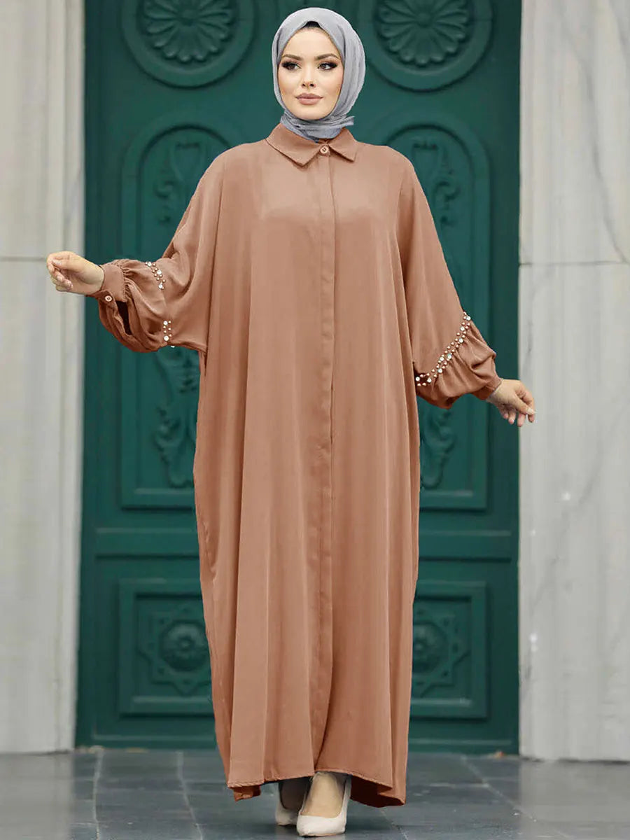 Siskakia Solid Muslim Woman Elegant Beaded Cardigan Long Dress With Loose Batwing Sleeve Moroccan Dubai Saudi Kebaya Robe  2024.