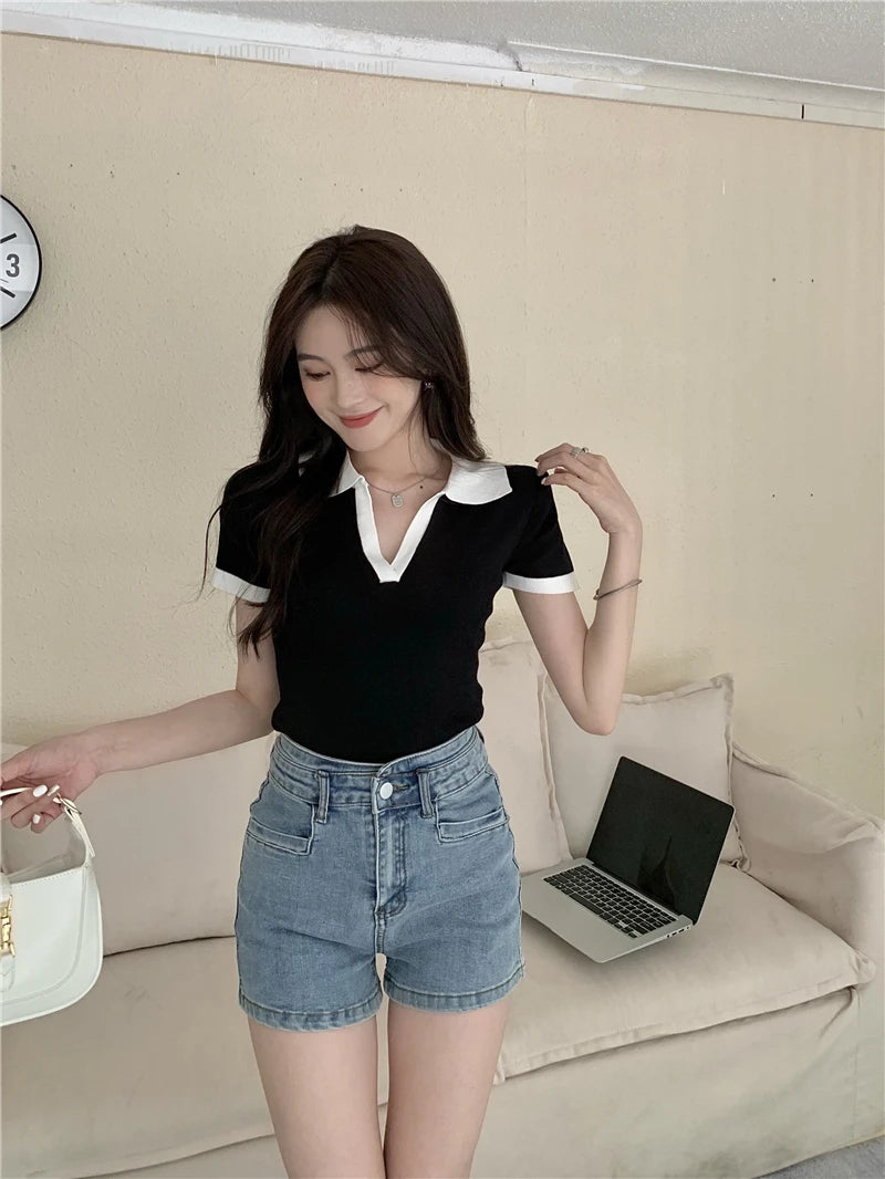 Jielur Spell Color Polo Knitting Women's Blouses Slim Sexy Short Sleeve Summer New Casual Female Blouse Chic Simple Office Lady